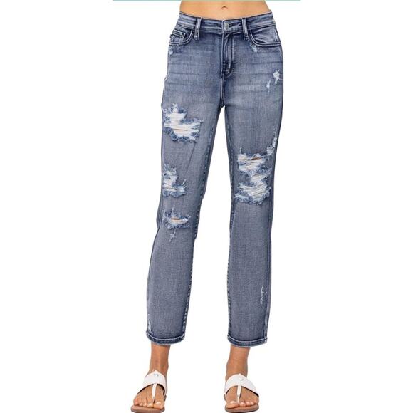 Judy Blue Fit Jeans Sz 22W Dark Blue Wash Designer Distressed High Waisted - Picture 1 of 10
